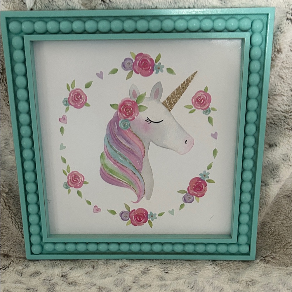 Hobby Lobby Turquoise Framed Unicorn Floral Art Print